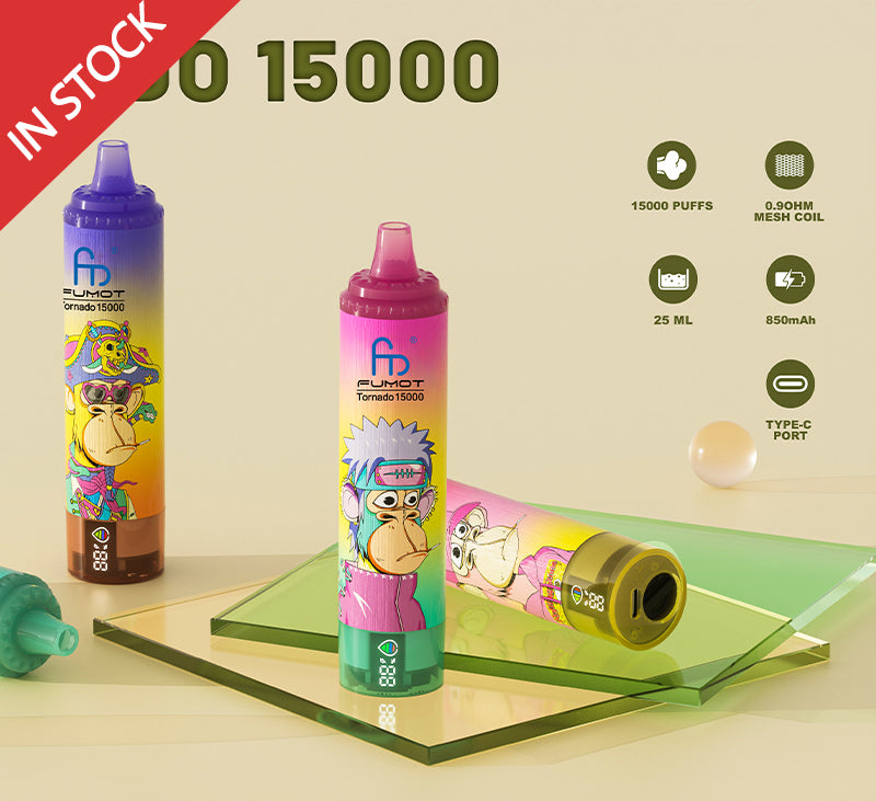 FUMOT TORNADO 15000 VAPE DEVICE WITH BATTERY AND CAPACITY DISPLAY  (59 TASTES, FREE SHIPPING)